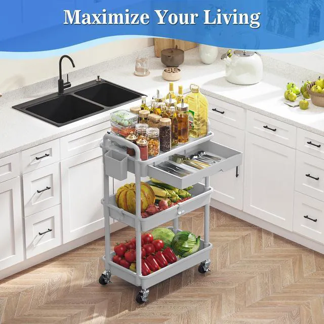 Alt view image 5 of 6 - 3 Tier Rolling Cart with Drawer, Craft Storage Cart Organizer, Gray Bathroom Storage Organizer with 2 Lockable Wheels, Rolling Utility Cart for Kitchen, Office, Baby, Makeup, Nail,Snack,Laundry