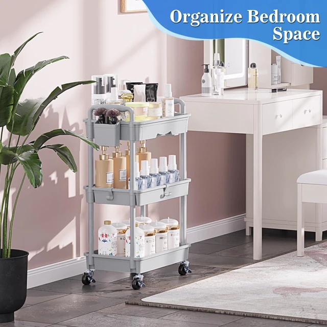 Alt view image 6 of 6 - 3 Tier Rolling Cart with Drawer, Craft Storage Cart Organizer, Gray Bathroom Storage Organizer with 2 Lockable Wheels, Rolling Utility Cart for Kitchen, Office, Baby, Makeup, Nail,Snack,Laundry