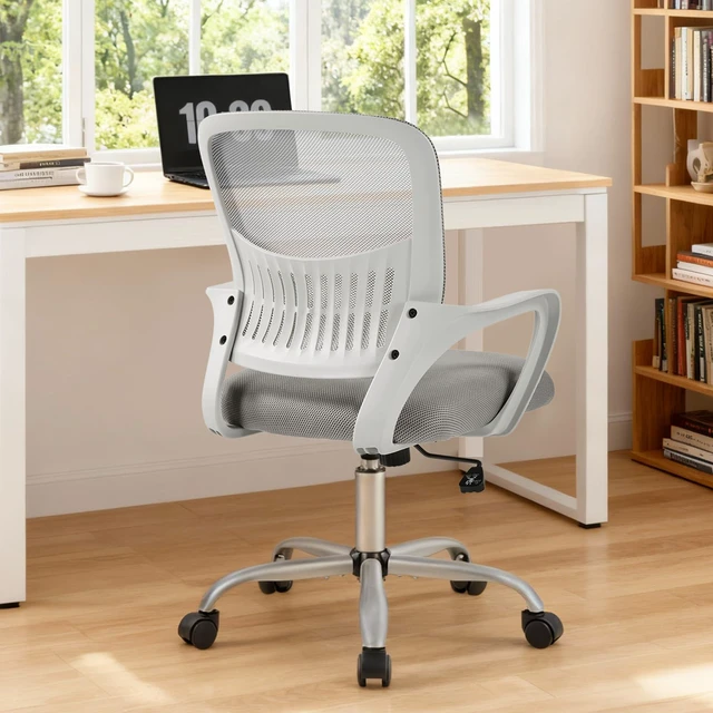 Main image of Computer Desk Chair, Mesh Office Chair, Lumbar Support, Grey Ergonomic Mid-Back, Adjustable Height, 360° Swivel Wheels, Comfy Arms, Bedroom Study, Managerial Executive