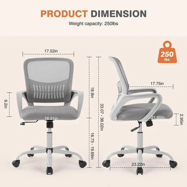 Alt view image 2 of 7 - Computer Desk Chair, Mesh Office Chair, Lumbar Support, Grey Ergonomic Mid-Back, Adjustable Height, 360° Swivel Wheels, Comfy Arms, Bedroom Study, Managerial Executive