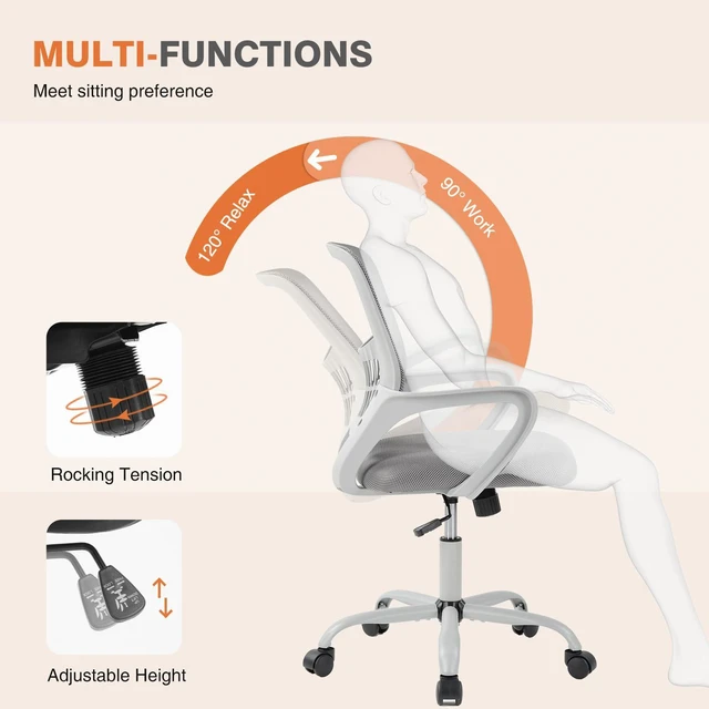 Alt view image 3 of 7 - Computer Desk Chair, Mesh Office Chair, Lumbar Support, Grey Ergonomic Mid-Back, Adjustable Height, 360° Swivel Wheels, Comfy Arms, Bedroom Study, Managerial Executive