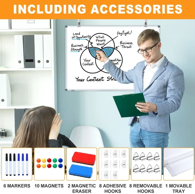 Alt view image 2 of 7 - White Board Dry Erase Whiteboard for Wall 24x18 (2pcs) Magnetic Boards for Office Classroom & Home, Small Wall Whiteboard Including 6 Markers, 10 Magnets, 2 Erasers & 10 Adhesive Hooks