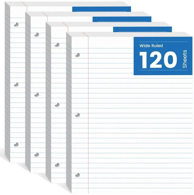 Main image of 480 Sheets Loose Leaf Paper Wide Ruled, 8.5x11 In Filler Paper for Binder Double-Printing Lined Paper, 3-Hole Punched Notebook Paper Binder Paper 8.5'' x 11'', 4 Pack, 120 Sheets/Pad