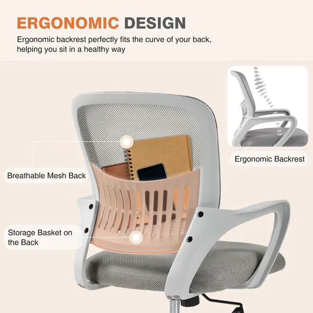 Alt view image 6 of 7 - Computer Desk Chair, Mesh Office Chair, Lumbar Support, Grey Ergonomic Mid-Back, Adjustable Height, 360° Swivel Wheels, Comfy Arms, Bedroom Study, Managerial Executive