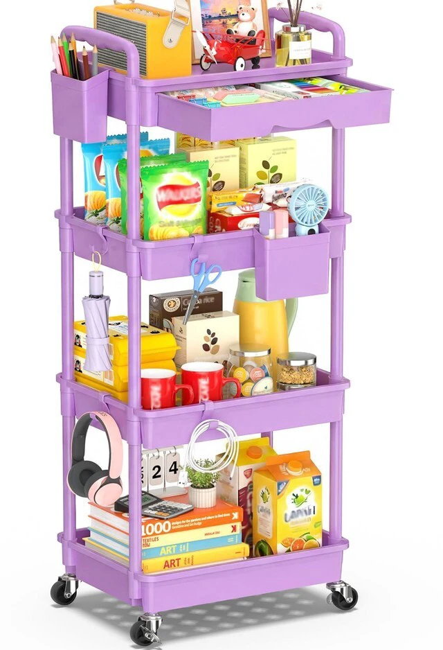 Main image of 4 Tier Rolling Cart with Drawer,Craft Storage Cart Organizer,Purple Bathroom Storage Organizer with 2 Lockable Wheels, Rolling Utility Cart for Kitchen, Office, Baby, Makeup, Nail,Snack,Laundry