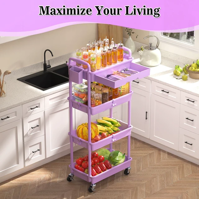 Alt view image 2 of 7 - 4 Tier Rolling Cart with Drawer,Craft Storage Cart Organizer,Purple Bathroom Storage Organizer with 2 Lockable Wheels, Rolling Utility Cart for Kitchen, Office, Baby, Makeup, Nail,Snack,Laundry