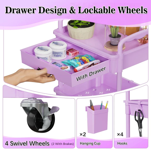 Alt view image 4 of 7 - 4 Tier Rolling Cart with Drawer,Craft Storage Cart Organizer,Purple Bathroom Storage Organizer with 2 Lockable Wheels, Rolling Utility Cart for Kitchen, Office, Baby, Makeup, Nail,Snack,Laundry