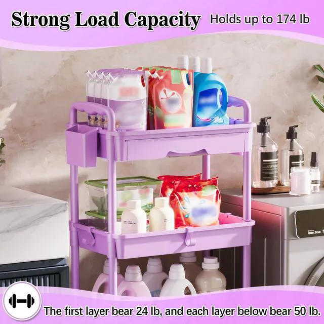 Alt view image 5 of 7 - 4 Tier Rolling Cart with Drawer,Craft Storage Cart Organizer,Purple Bathroom Storage Organizer with 2 Lockable Wheels, Rolling Utility Cart for Kitchen, Office, Baby, Makeup, Nail,Snack,Laundry