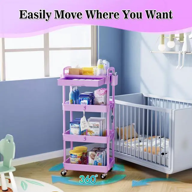 Alt view image 6 of 7 - 4 Tier Rolling Cart with Drawer,Craft Storage Cart Organizer,Purple Bathroom Storage Organizer with 2 Lockable Wheels, Rolling Utility Cart for Kitchen, Office, Baby, Makeup, Nail,Snack,Laundry