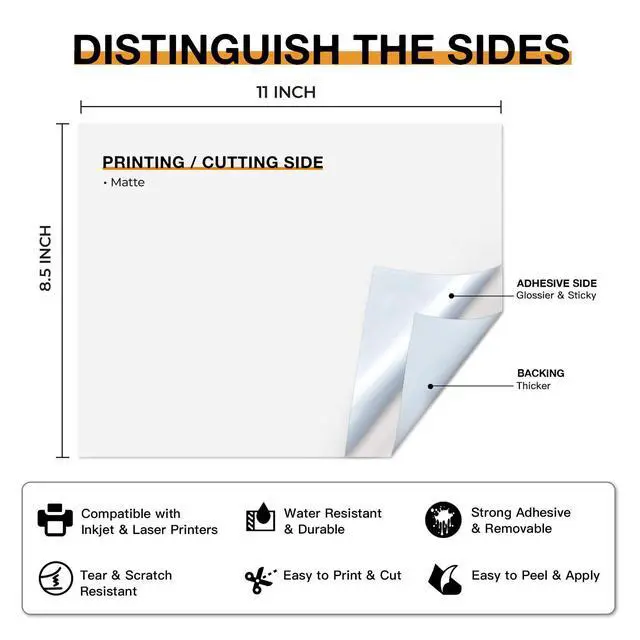 Alt view image 4 of 7 - Printable Vinyl Sticker Paper, 40 Sheets, Matte White, 8.5"x11" School Supplies, Durable, For Inkjet Printer, Great Stickiness, Anti-Curl & Jam-Free Design, Easy to Use & Peel, Waterproof