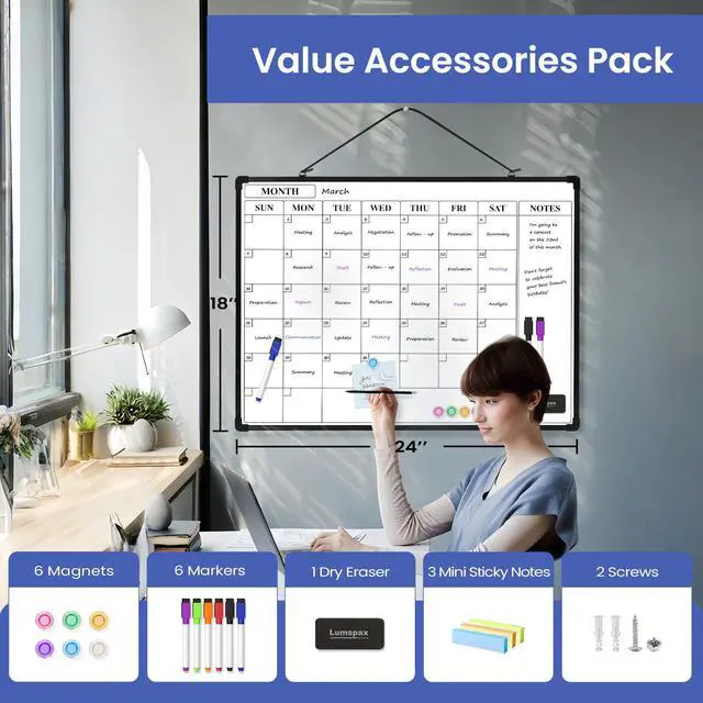 Alt view image 3 of 7 - Monthly Whiteboard Calendar for Wall, 24" x 18" Dry Erase Board with Plastic Frame, Hanging Dry Erase Calendar with 3 Mini Sticky Notes for Kitchen Planner, Memo, Home and Office, Black