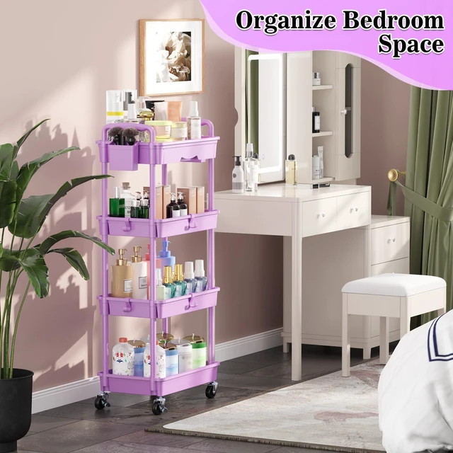 Alt view image 7 of 7 - 4 Tier Rolling Cart with Drawer,Craft Storage Cart Organizer,Purple Bathroom Storage Organizer with 2 Lockable Wheels, Rolling Utility Cart for Kitchen, Office, Baby, Makeup, Nail,Snack,Laundry