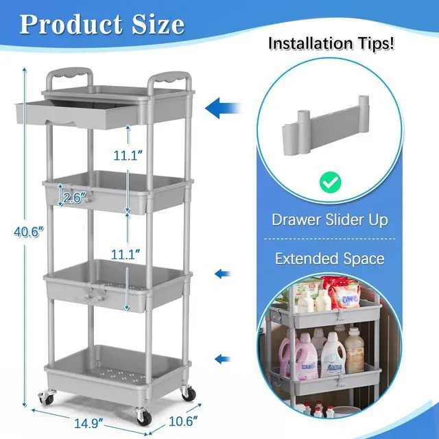 Alt view image 2 of 7 - 4 Tier Rolling Cart with Drawer, Craft Storage Cart Organizer, Gray Bathroom Storage Organizer with 2 Lockable Wheels, Rolling Utility Cart for Kitchen, Office, Baby, Makeup, Nail,Snack,Laundry