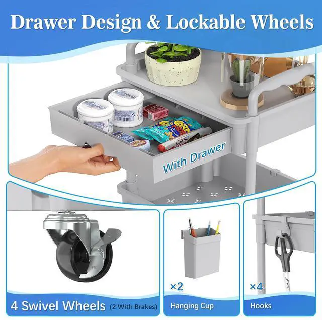 Alt view image 3 of 7 - 4 Tier Rolling Cart with Drawer, Craft Storage Cart Organizer, Gray Bathroom Storage Organizer with 2 Lockable Wheels, Rolling Utility Cart for Kitchen, Office, Baby, Makeup, Nail,Snack,Laundry