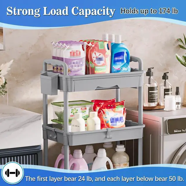 Alt view image 5 of 7 - 4 Tier Rolling Cart with Drawer, Craft Storage Cart Organizer, Gray Bathroom Storage Organizer with 2 Lockable Wheels, Rolling Utility Cart for Kitchen, Office, Baby, Makeup, Nail,Snack,Laundry