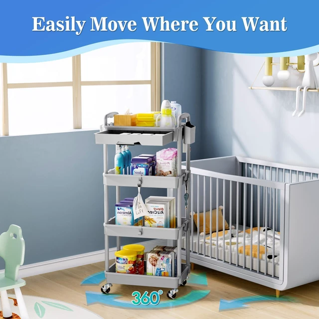 Alt view image 4 of 7 - 4 Tier Rolling Cart with Drawer, Craft Storage Cart Organizer, Gray Bathroom Storage Organizer with 2 Lockable Wheels, Rolling Utility Cart for Kitchen, Office, Baby, Makeup, Nail,Snack,Laundry