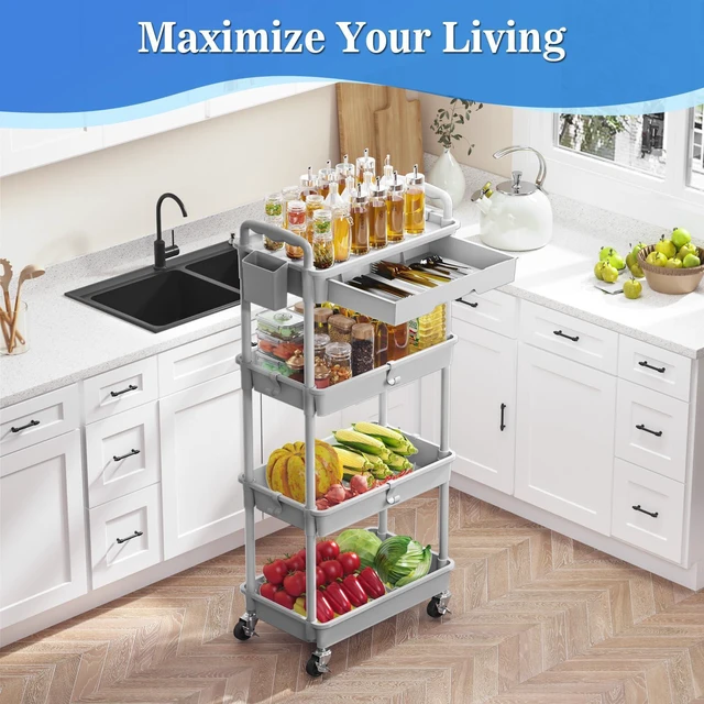 Alt view image 6 of 7 - 4 Tier Rolling Cart with Drawer, Craft Storage Cart Organizer, Gray Bathroom Storage Organizer with 2 Lockable Wheels, Rolling Utility Cart for Kitchen, Office, Baby, Makeup, Nail,Snack,Laundry