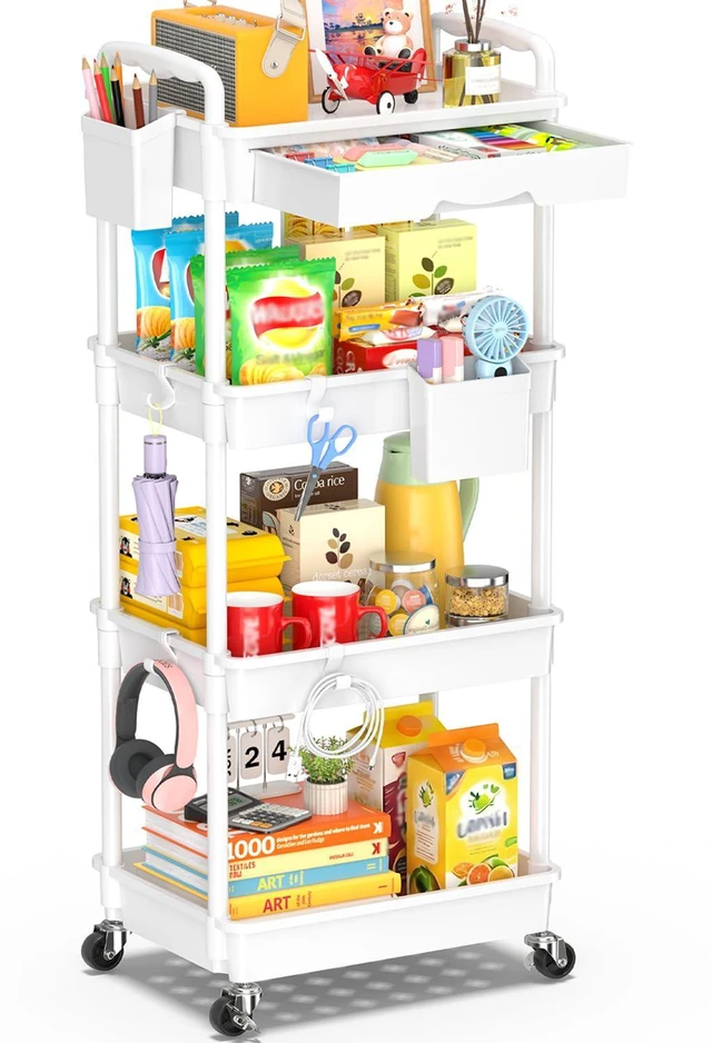 Main image of 4 Tier Rolling Cart with Drawer, Craft Storage Cart Organizer,White Bathroom Storage Organizer with 2 Lockable Wheels, Rolling Utility Cart for Kitchen, Office, Baby, Makeup, Nail,Snack,Laundry