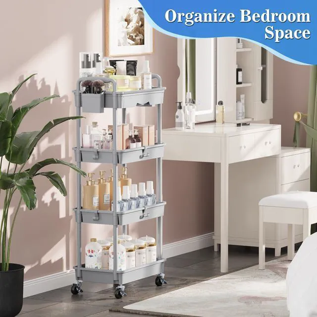 Alt view image 7 of 7 - 4 Tier Rolling Cart with Drawer, Craft Storage Cart Organizer, Gray Bathroom Storage Organizer with 2 Lockable Wheels, Rolling Utility Cart for Kitchen, Office, Baby, Makeup, Nail,Snack,Laundry
