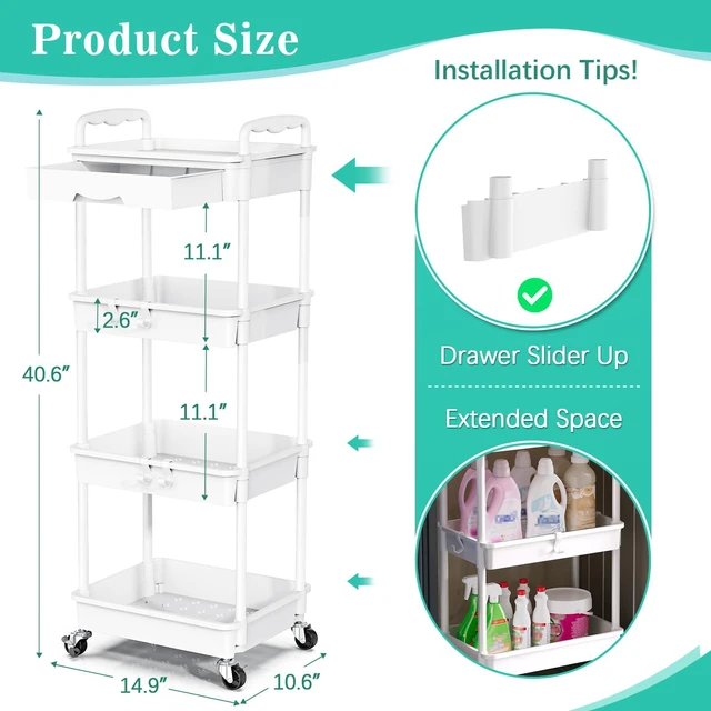 Alt view image 2 of 7 - 4 Tier Rolling Cart with Drawer, Craft Storage Cart Organizer,White Bathroom Storage Organizer with 2 Lockable Wheels, Rolling Utility Cart for Kitchen, Office, Baby, Makeup, Nail,Snack,Laundry