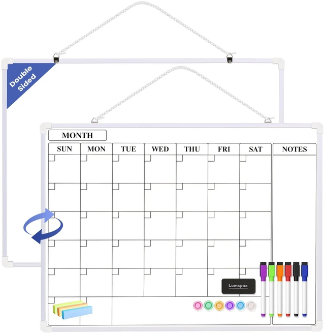 Main image of Monthly Whiteboard Calendar for Wall, 24" x 18" Dry Erase Board with Plastic Frame, Hanging Dry Erase Calendar with 3 Mini Sticky Notes for Kitchen Planner, Memo, Home and Office, White