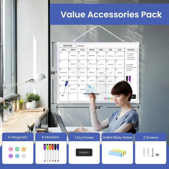 Alt view image 3 of 7 - Monthly Whiteboard Calendar for Wall, 24" x 18" Dry Erase Board with Plastic Frame, Hanging Dry Erase Calendar with 3 Mini Sticky Notes for Kitchen Planner, Memo, Home and Office, White