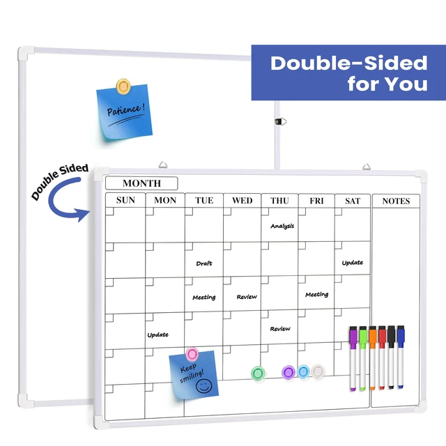 Alt view image 5 of 7 - Monthly Whiteboard Calendar for Wall, 24" x 18" Dry Erase Board with Plastic Frame, Hanging Dry Erase Calendar with 3 Mini Sticky Notes for Kitchen Planner, Memo, Home and Office, White