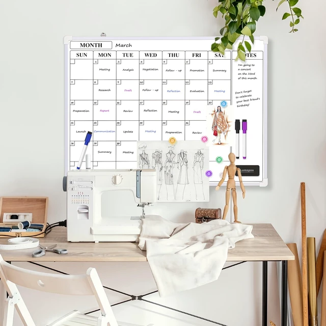Alt view image 2 of 7 - Monthly Whiteboard Calendar for Wall, 24" x 18" Dry Erase Board with Plastic Frame, Hanging Dry Erase Calendar with 3 Mini Sticky Notes for Kitchen Planner, Memo, Home and Office, White
