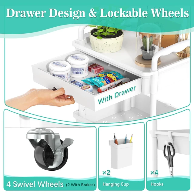 Alt view image 3 of 7 - 4 Tier Rolling Cart with Drawer, Craft Storage Cart Organizer,White Bathroom Storage Organizer with 2 Lockable Wheels, Rolling Utility Cart for Kitchen, Office, Baby, Makeup, Nail,Snack,Laundry