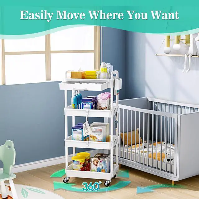 Alt view image 4 of 7 - 4 Tier Rolling Cart with Drawer, Craft Storage Cart Organizer,White Bathroom Storage Organizer with 2 Lockable Wheels, Rolling Utility Cart for Kitchen, Office, Baby, Makeup, Nail,Snack,Laundry