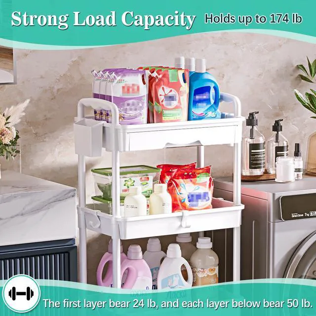 Alt view image 5 of 7 - 4 Tier Rolling Cart with Drawer, Craft Storage Cart Organizer,White Bathroom Storage Organizer with 2 Lockable Wheels, Rolling Utility Cart for Kitchen, Office, Baby, Makeup, Nail,Snack,Laundry