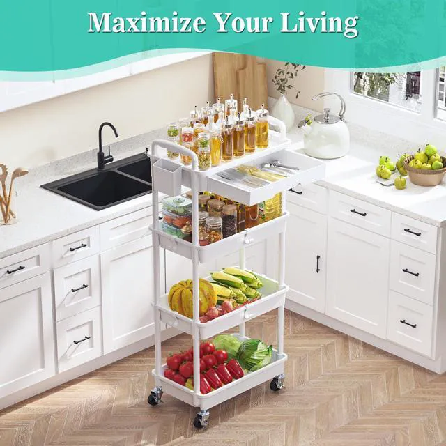 Alt view image 6 of 7 - 4 Tier Rolling Cart with Drawer, Craft Storage Cart Organizer,White Bathroom Storage Organizer with 2 Lockable Wheels, Rolling Utility Cart for Kitchen, Office, Baby, Makeup, Nail,Snack,Laundry