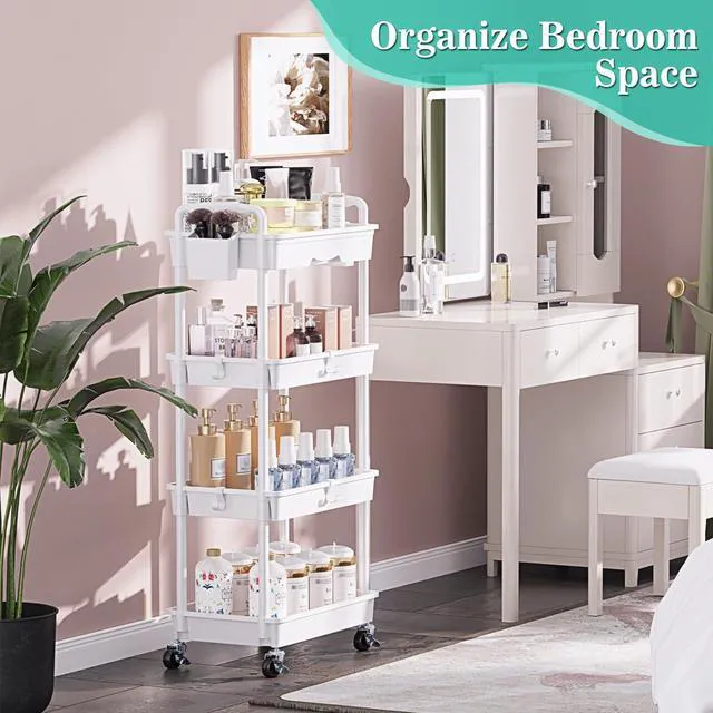 Alt view image 7 of 7 - 4 Tier Rolling Cart with Drawer, Craft Storage Cart Organizer,White Bathroom Storage Organizer with 2 Lockable Wheels, Rolling Utility Cart for Kitchen, Office, Baby, Makeup, Nail,Snack,Laundry