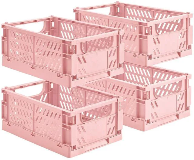 Main image of 4-Pack Collapsible Plastic Storage Baskets, Pink, 9.8"x6.5"x3.8" Pastel, Space-Saving, Collapsible Plastic Bins, Cute Mini Storage Crates, for Classroom, Kitchen, Office, Bedroom
