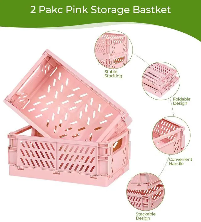 Alt view image 2 of 5 - 2-Pack Collapsible Plastic Storage Baskets, Pink, 9.8"x6.5"x3.8" Pastel, Space-Saving, Collapsible Plastic Bins, Cute Mini Storage Crates, for Classroom, Kitchen, Office, Bedroom