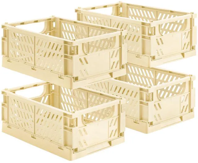 Main image of 4-Pack Collapsible Plastic Storage Baskets, Yellow, 9.8"x6.5"x3.8" Pastel, Space-Saving, Collapsible Plastic Bins, Cute Mini Storage Crates, for Classroom, Kitchen, Office, Bedroom