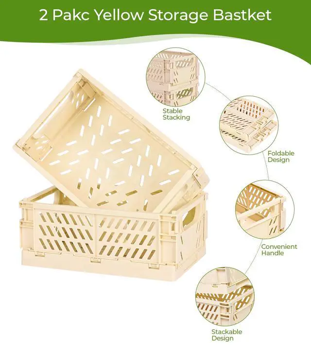 Alt view image 2 of 5 - 4-Pack Collapsible Plastic Storage Baskets, Yellow, 9.8"x6.5"x3.8" Pastel, Space-Saving, Collapsible Plastic Bins, Cute Mini Storage Crates, for Classroom, Kitchen, Office, Bedroom