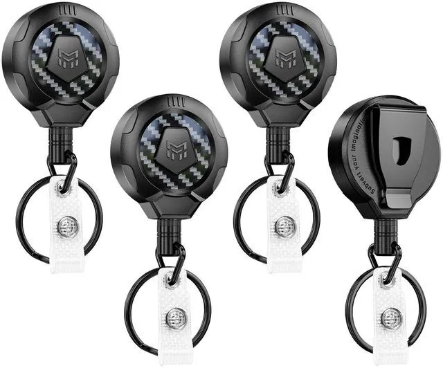 Main image of Upgraded Heavy Duty Retractable Keychain with Belt Clip, 10 OZ Retraction, 31.5" Stainless Steel Cord Key Chain, 3K Carbon Fiber ID Badge Reel Holder with Badge Strap and Key Ring, 4 Pack