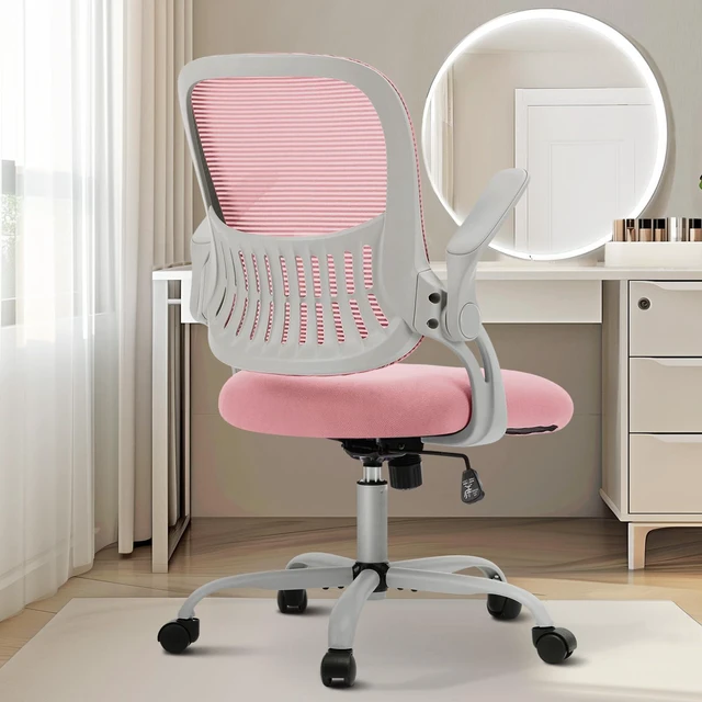Main image of Home Office Chair, Mesh Office Chair, Lumbar Support, Pink Adjustable Height, 360° Swivel Wheels, Mid-Back, Comfy Flip-up Arms for Small Space, Bedroom Study, Managerial Executive