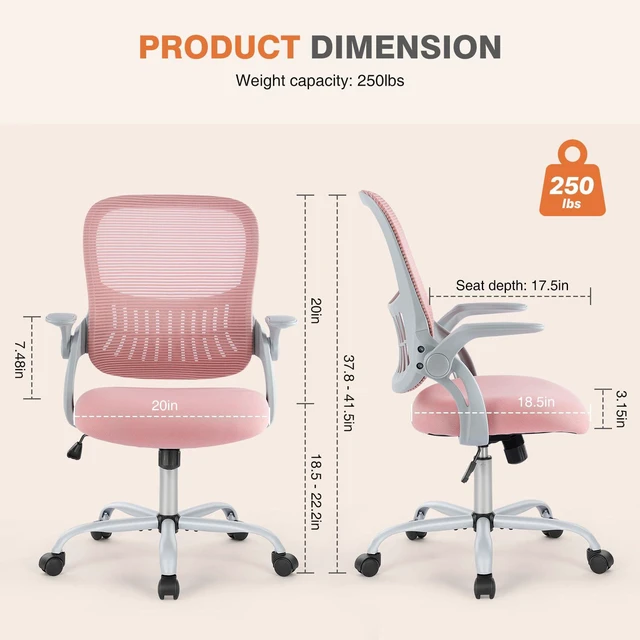 Alt view image 2 of 7 - Home Office Chair, Mesh Office Chair, Lumbar Support, Pink Adjustable Height, 360° Swivel Wheels, Mid-Back, Comfy Flip-up Arms for Small Space, Bedroom Study, Managerial Executive
