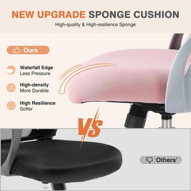 Alt view image 4 of 7 - Home Office Chair, Mesh Office Chair, Lumbar Support, Pink Adjustable Height, 360° Swivel Wheels, Mid-Back, Comfy Flip-up Arms for Small Space, Bedroom Study, Managerial Executive