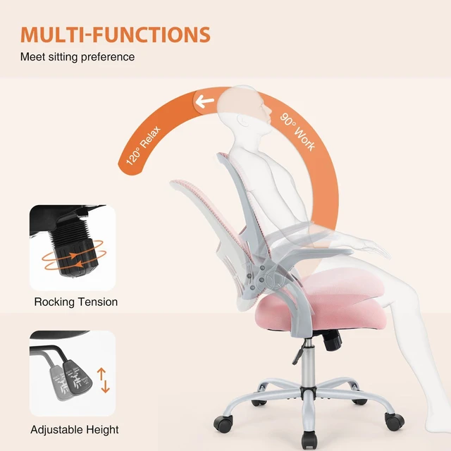 Alt view image 3 of 7 - Home Office Chair, Mesh Office Chair, Lumbar Support, Pink Adjustable Height, 360° Swivel Wheels, Mid-Back, Comfy Flip-up Arms for Small Space, Bedroom Study, Managerial Executive
