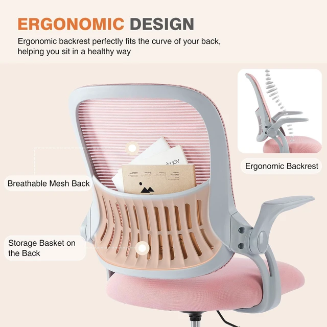 Alt view image 5 of 7 - Home Office Chair, Mesh Office Chair, Lumbar Support, Pink Adjustable Height, 360° Swivel Wheels, Mid-Back, Comfy Flip-up Arms for Small Space, Bedroom Study, Managerial Executive