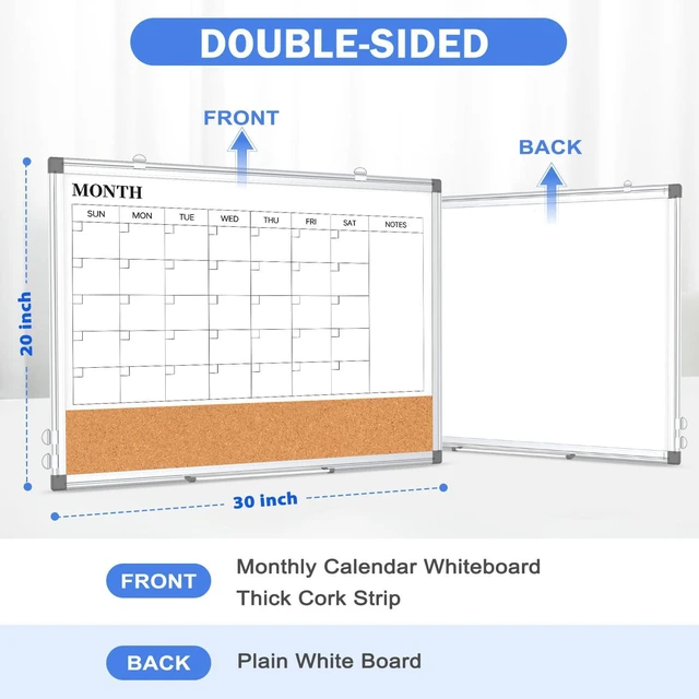 Alt view image 2 of 7 - Dry Erase Calendar Whiteboard for Wall, 30" x 20" Monthly Cork White Board Double-Sided Magnetic, Calendar Cork Whiteboard Combo, Aluminium Frame, Bulletin Portable Board, Home Office School