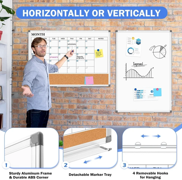 Alt view image 6 of 7 - Dry Erase Calendar Whiteboard for Wall, 30" x 20" Monthly Cork White Board Double-Sided Magnetic, Calendar Cork Whiteboard Combo, Aluminium Frame, Bulletin Portable Board, Home Office School