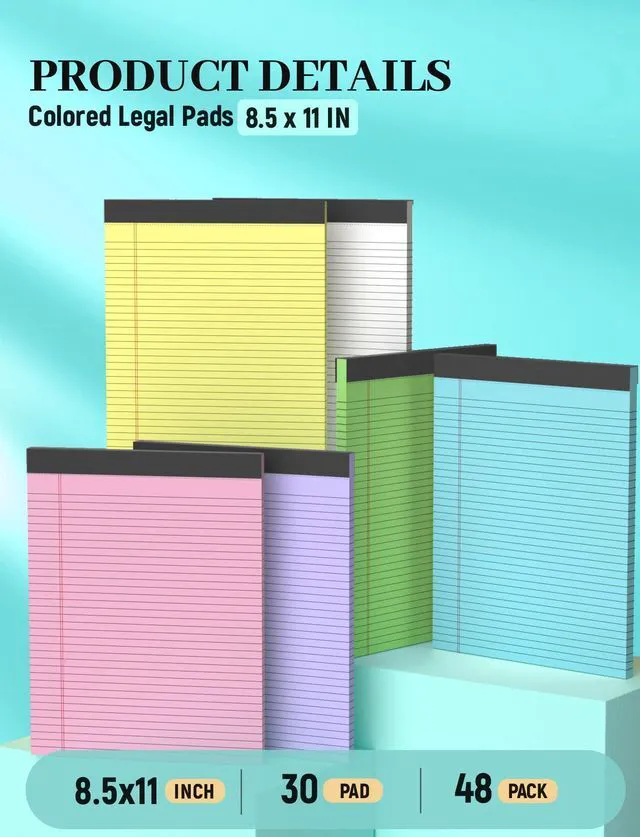 Alt view image 3 of 7 - 48 Pack Colored Legal Pads, Yellow Legal Pads 8.5 x 11 Note Pads Wide Ruled Wide Ruled, Notepads 8.5x11 with Sturdy Back, Perforated Writing Paper Pads, Colored Lined Pads for Office, School, Home