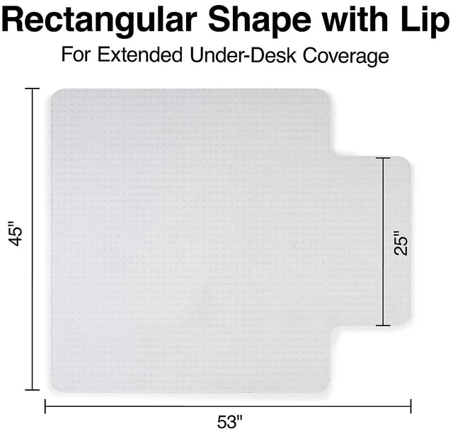 Alt view image 5 of 5 - Office Chair Mat, Clear, 53x45 Inch, Flat-Pile Carpet, with Lip Extended under-desk coverage and smooth glide for carpeted office floors