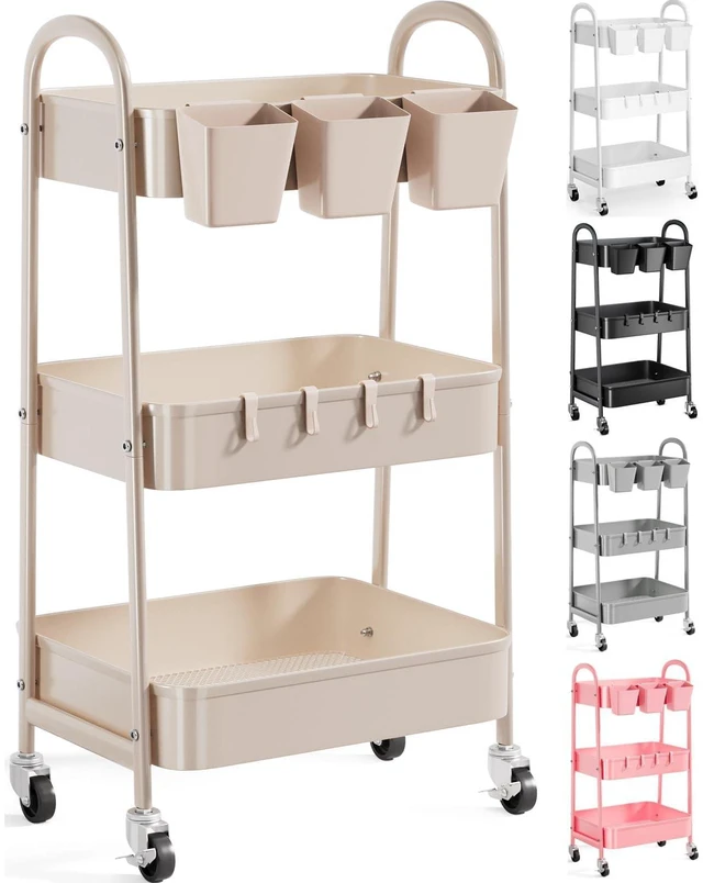 Main image of 3 Tier Khaki Metal Utility Rolling Cart, Storage Cart with Lockable Wheels Multifunctional Organizer Trolley with Mesh Storage Baskets and Handle for Kitchen, Office, Living Room, Laundry, Garage,Dorm