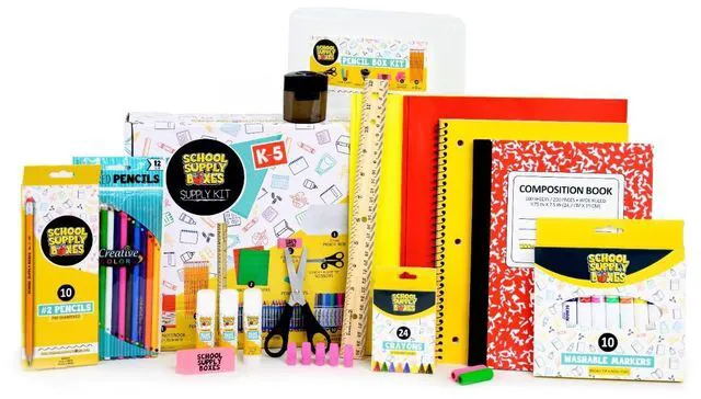 Main image of Back to Box Grades K-5 32 Piece Supplies Kit Includes Markers, Crayons, Pencils, Scissors, Folders, Glue Sticks, Notebook, and Composition Book