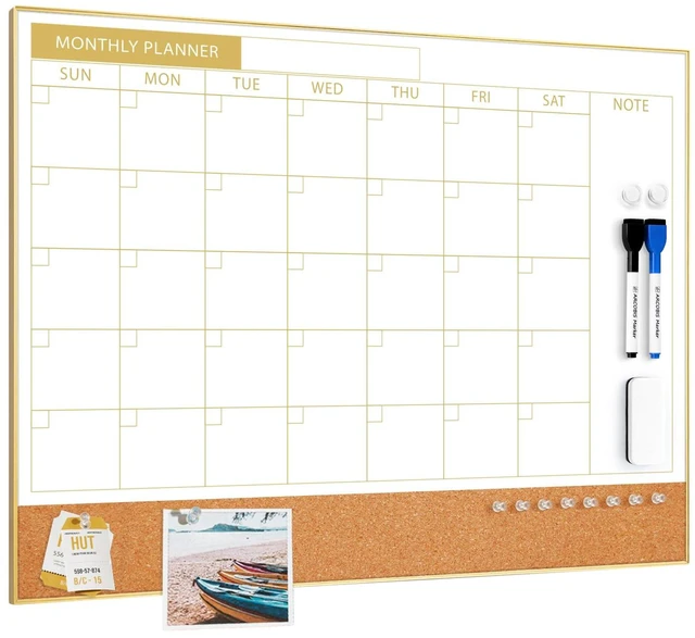 Main image of Dry Erase Calendar Whiteboard Cork Board Combo 24"x18" Magnetic White Board Calendar Dry Erase for Wall, Gold Frame Monthly Combination Board for Office, Home, School